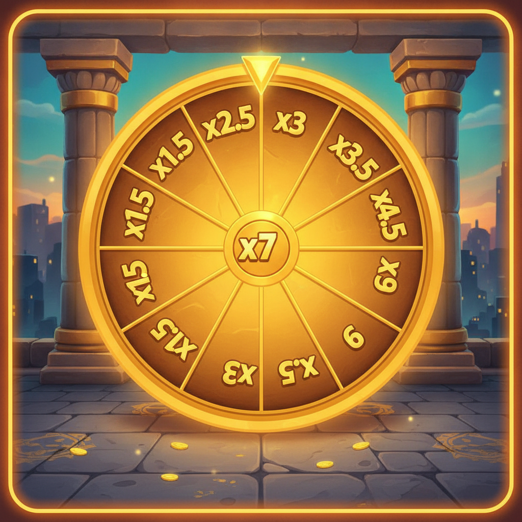 Bonus Temple Floor de Tower Rush : roue dorée à dix sections affichant des multiplicateurs de x1,5 à x7