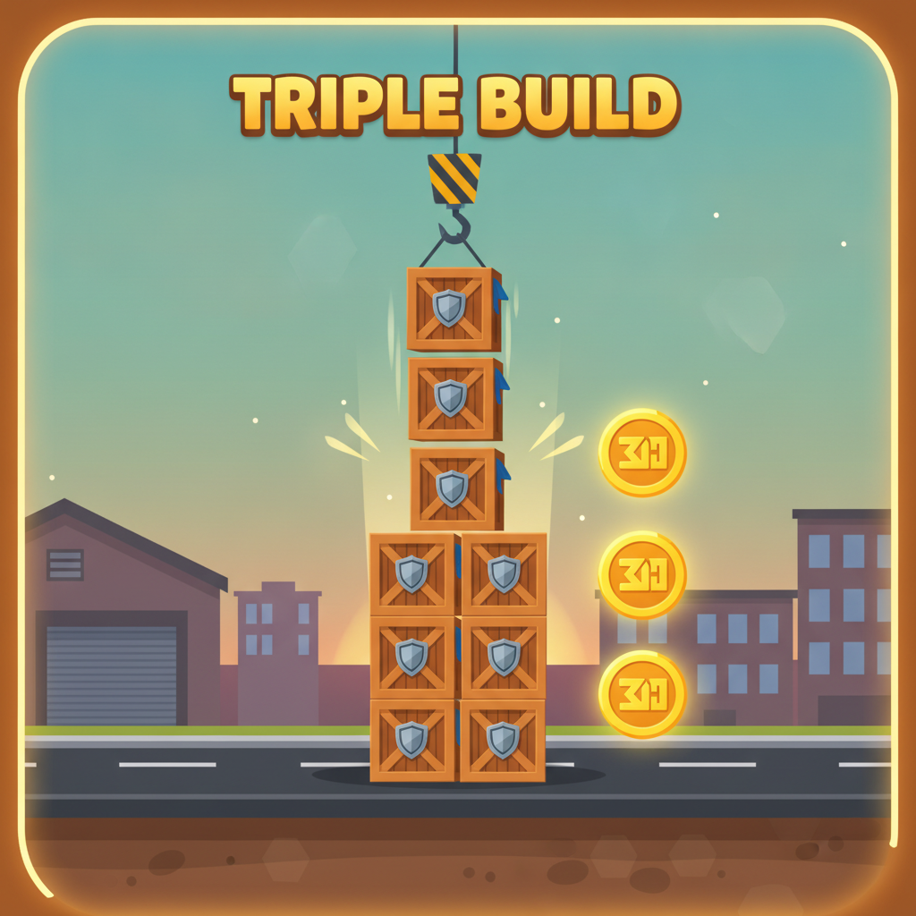 Bonus Triple Build de Tower Rush : trois étages en bois posés automatiquement d'un seul coup sur la tour, multiplicateur triplé instantanément